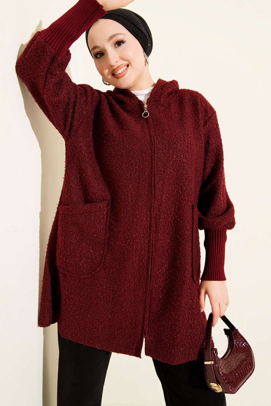 Boucle Cardigan with Ribbed Ankles and Zip-Up, Burgundy