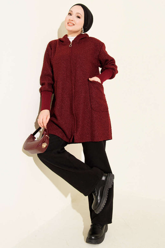 Boucle Cardigan with Ribbed Ankles and Zip-Up, Burgundy