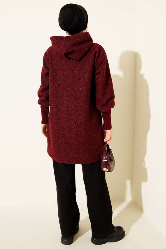 Boucle Cardigan with Ribbed Ankles and Zip-Up, Burgundy