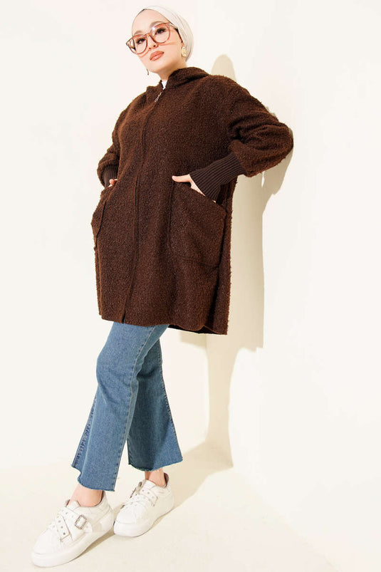 Boucle Cardigan with Ankle Rib and Zip-Up Closure, Brown