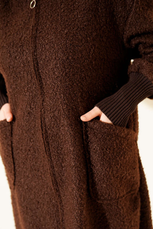 Boucle Cardigan with Ankle Rib and Zip-Up Closure, Brown