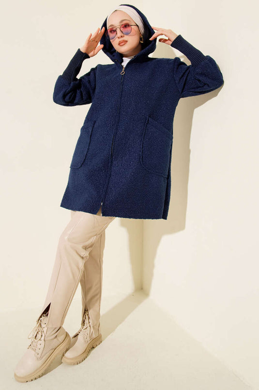 Navy Blue Boucle Cardigan with Ribbed Ankles and Zipper