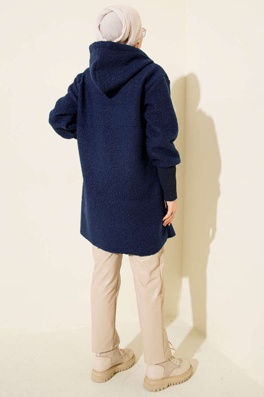 Navy Blue Boucle Cardigan with Ribbed Ankles and Zipper