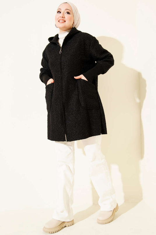Black Bouclé Cardigan with Ribbed Ankles and Zipper