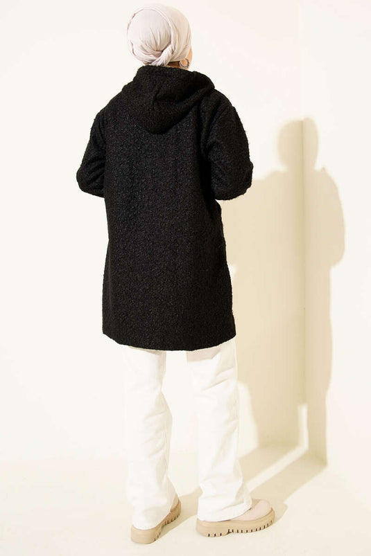 Black Bouclé Cardigan with Ribbed Ankles and Zipper