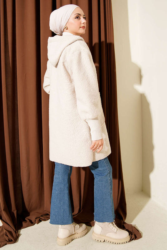 Ankle Ribbed Hooded Boucle Cardigan Beige