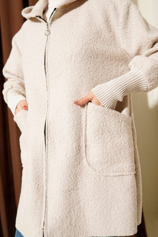 Bilek Ribanalı Kapüşonlu Buklet Hırka Bej