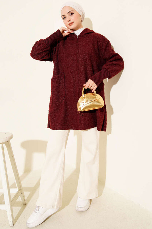 Ankle Ribbed Hooded Boucle Cardigan Burgundy