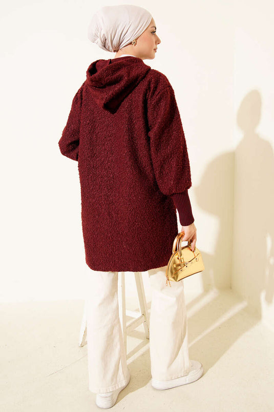 Ankle Ribbed Hooded Boucle Cardigan Burgundy