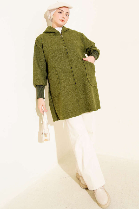 Ankle Ribbed Hooded Boucle Cardigan Khaki