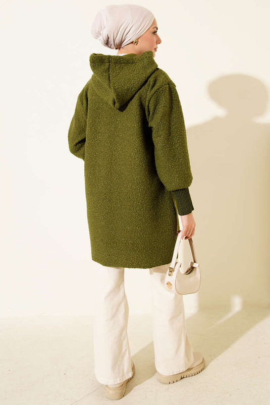 Ankle Ribbed Hooded Boucle Cardigan Khaki
