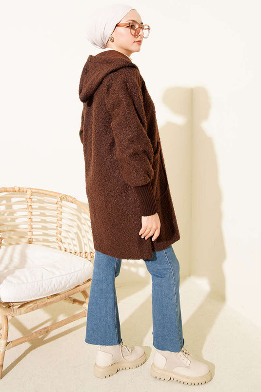 Ankle Ribbed Hooded Boucle Cardigan Brown