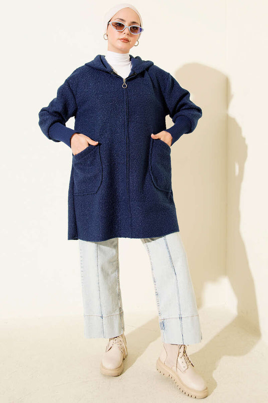 Ankle Ribbed Hooded Boucle Cardigan Navy Blue