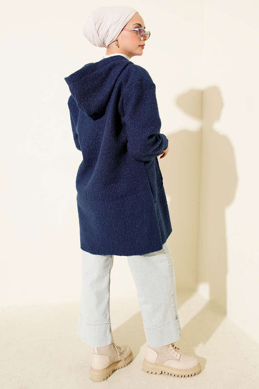 Ankle Ribbed Hooded Boucle Cardigan Navy Blue