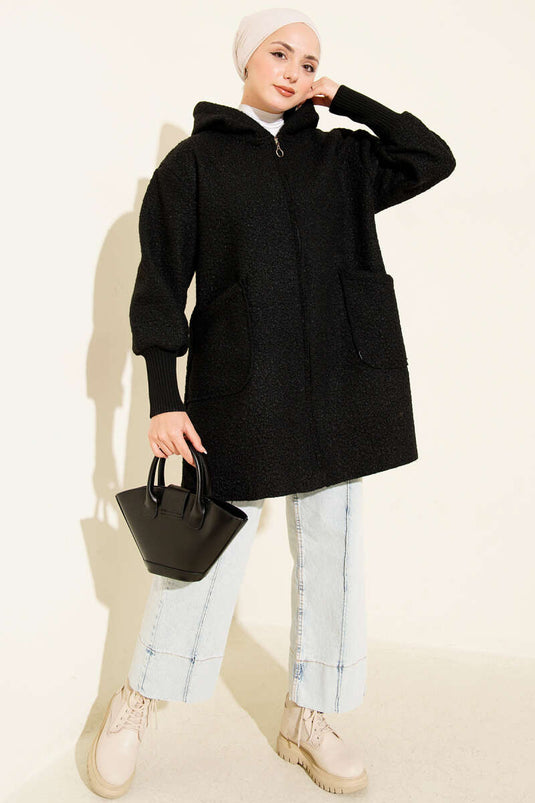 Ankle Ribbed Hooded Boucle Cardigan Black