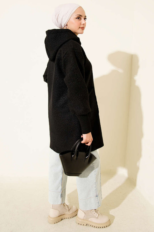 Ankle Ribbed Hooded Boucle Cardigan Black