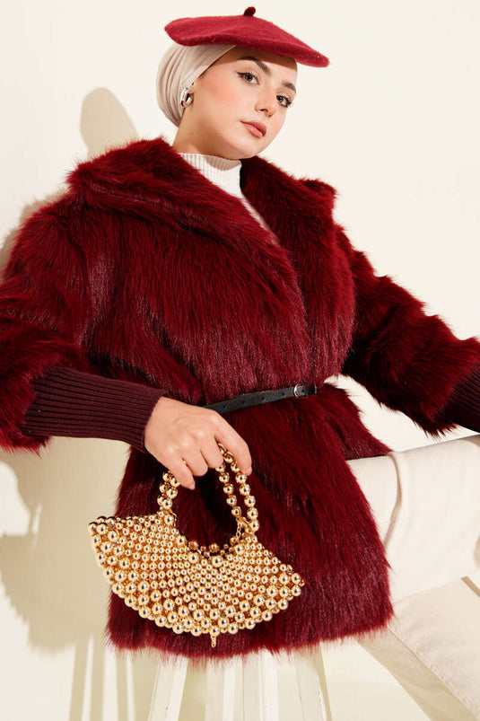 معطف فرو مضلع حتى الكاحل باللون العنابي