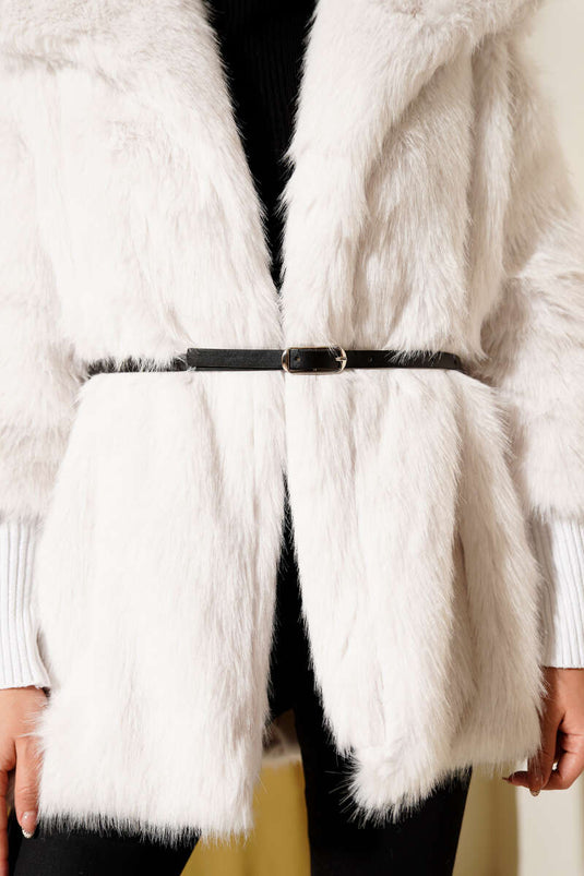 معطف فرو مضلع حتى الكاحل بلون البيج