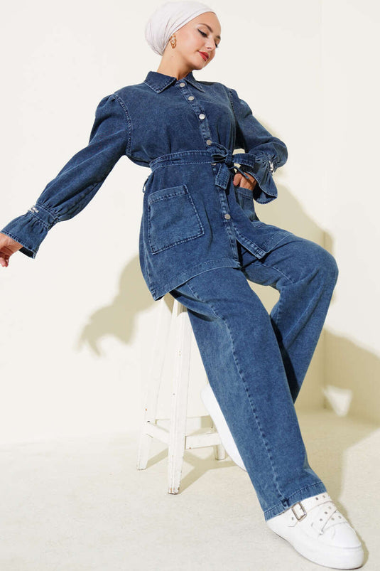 Metal Buttoned Denim Two-Piece Set with Ankle Stones Dark Blue