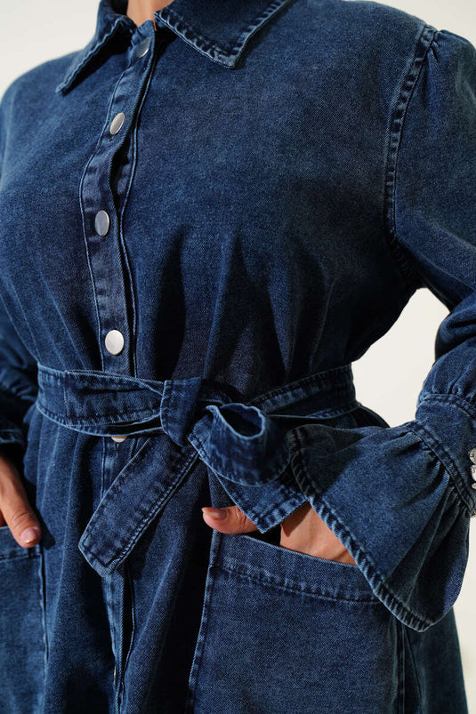 Metal Buttoned Denim Two-Piece Set with Ankle Stones Dark Blue