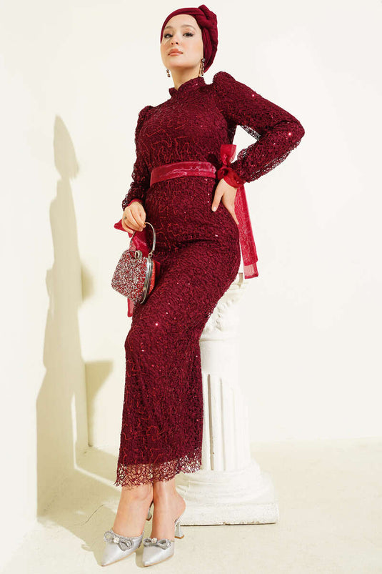 Sequin Evening Dress with Tulle Ankle Tie, Burgundy