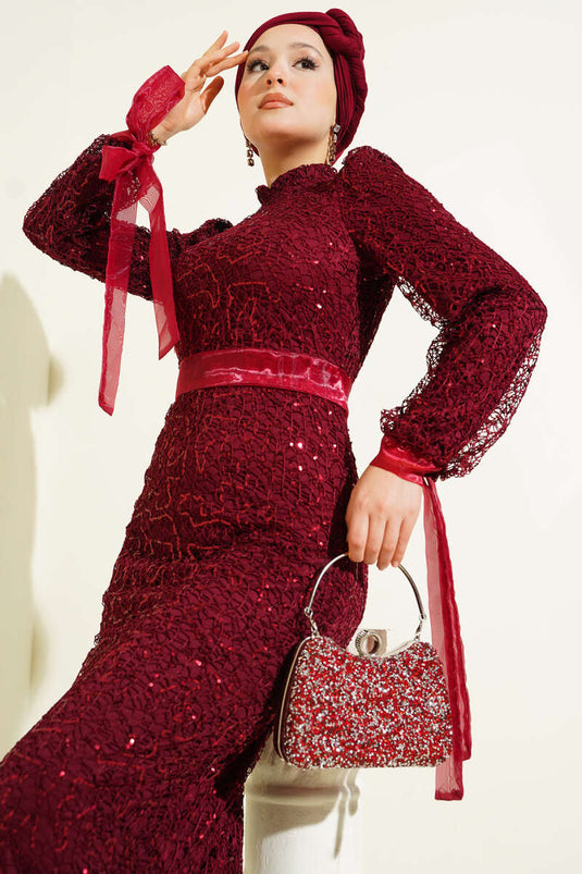 Sequin Evening Dress with Tulle Ankle Tie, Burgundy