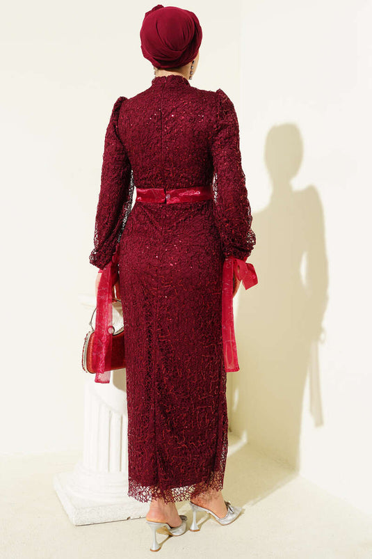 Sequin Evening Dress with Tulle Ankle Tie, Burgundy