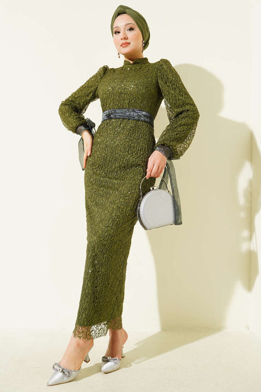 Sequin Evening Dress Khaki with Tulle Ankle Tie