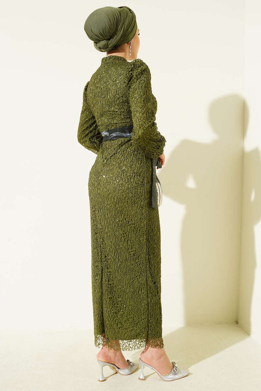 Sequin Evening Dress Khaki with Tulle Ankle Tie