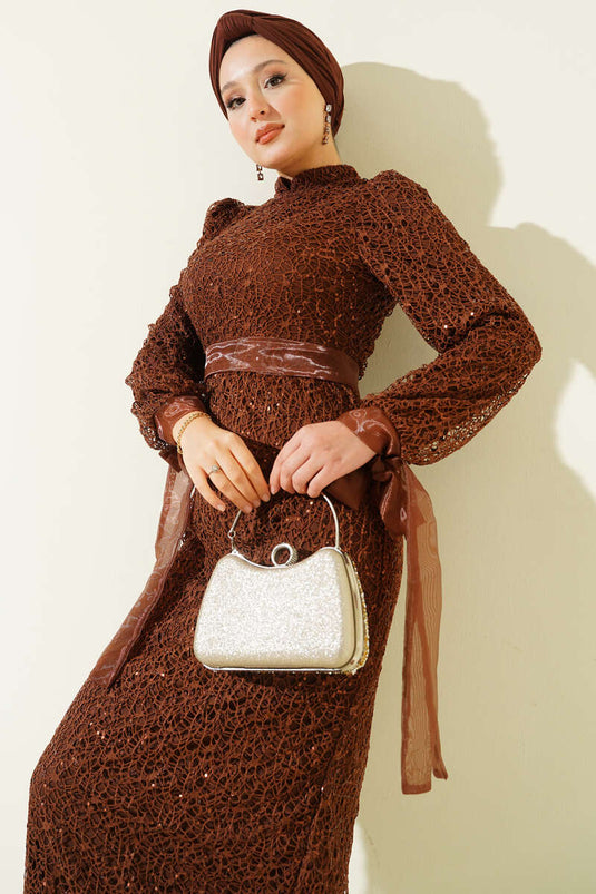 Sequin Evening Dress with Tulle Ankle Tie, Coffee