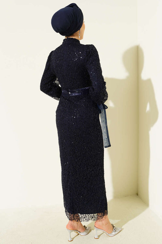 Sequin Evening Dress with Tulle Ankle Tie, Navy Blue