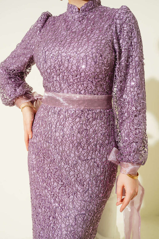 Sequin Evening Dress with Tulle Ankle Tie, Lilac