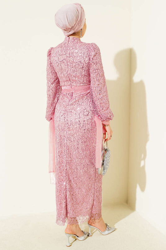 Pink Sequin Evening Dress with Tulle Ankle Tie