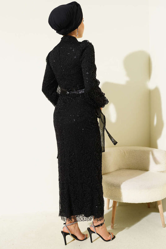 Sequin Evening Dress with Tulle Ankle Tie, Black