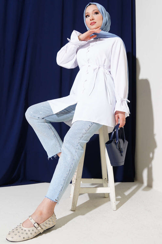 Ankle Tunnel Brit Button-Down Shirt White