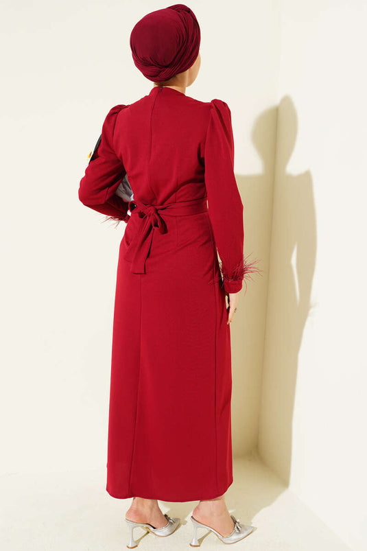 Ankle Feather Belted Evening Dress Burgundy