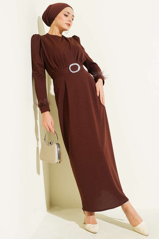 Ankle Feather Belted Evening Dress Brown