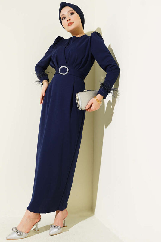 Evening Dress with Feathered Ankle Belt and Navy Blue