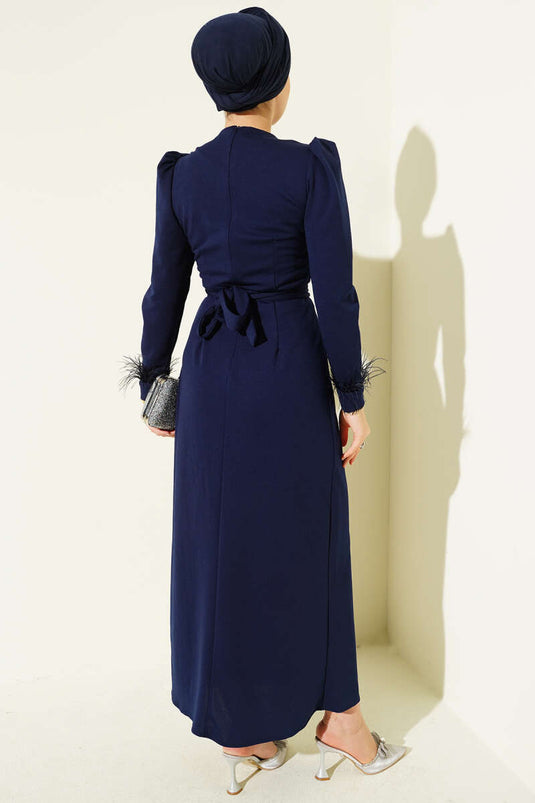 Evening Dress with Feathered Ankle Belt and Navy Blue