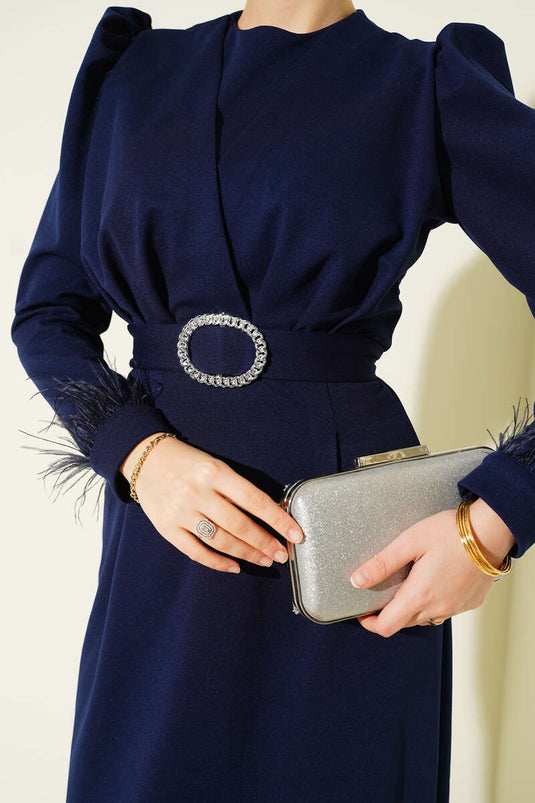 Evening Dress with Feathered Ankle Belt and Navy Blue