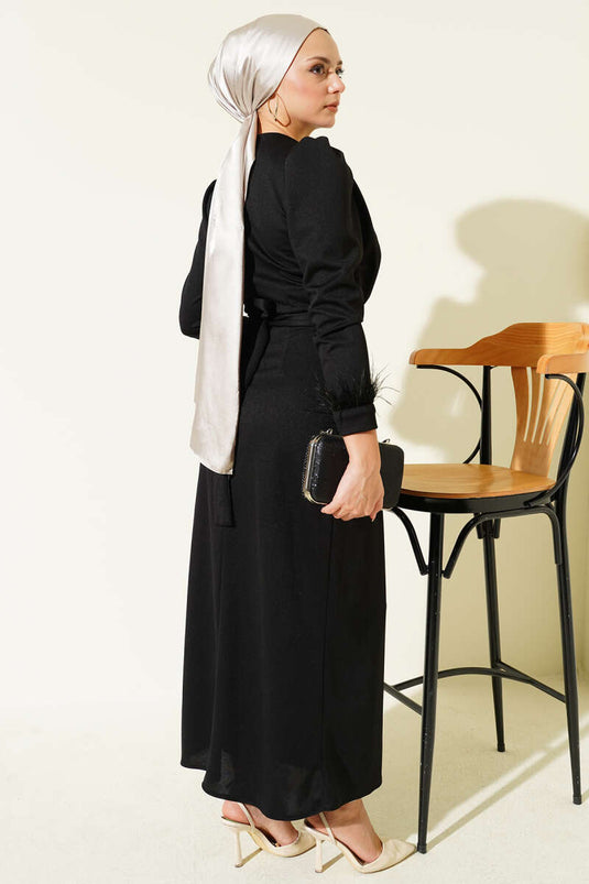 Black Evening Dress with Feathered Ankle Belt