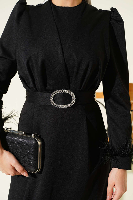 Black Evening Dress with Feathered Ankle Belt