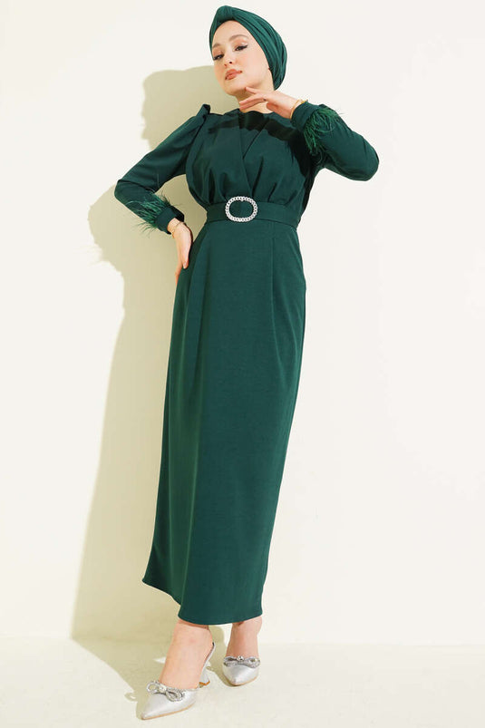 Emerald Green Evening Dress with Feathered Ankle Belt