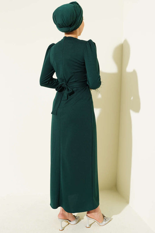 Emerald Green Evening Dress with Feathered Ankle Belt