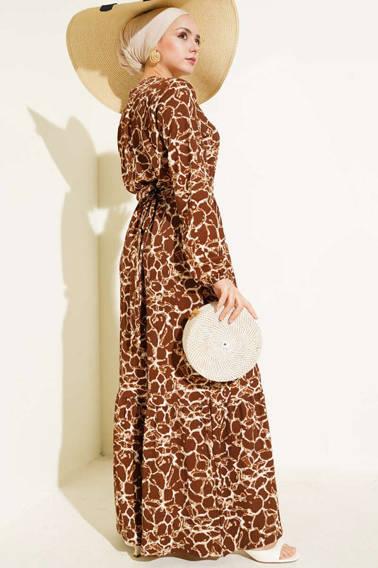 Bilek ve Bel Lastikli Bürümcük Elbise Kahve