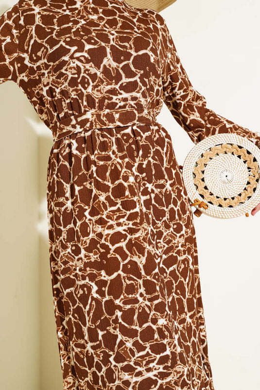 Bilek ve Bel Lastikli Bürümcük Elbise Kahve