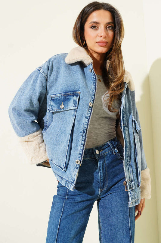 Wrist Collar Fur-Lined Denim Jacket Denim Blue