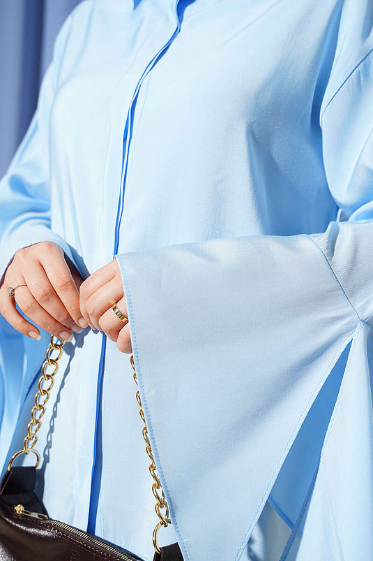 Bilek Yırtmaçlı Gizli Düğmeli Gömlek Mavi