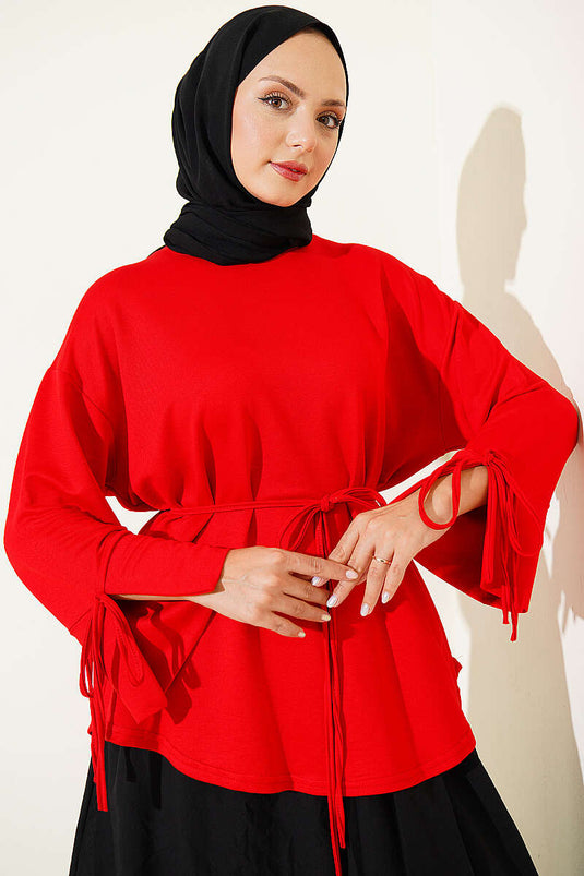 Red Tie-Detail Slit Sleeve Loysha Tunic