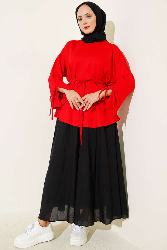 Red Tie-Detail Slit Sleeve Loysha Tunic